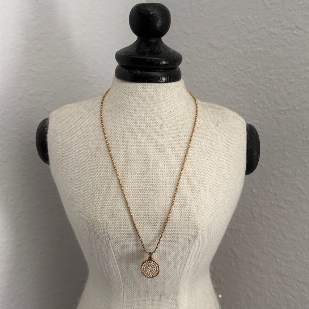 RARE Michael Kors Pave Crystal Round Pendant Gold Necklace